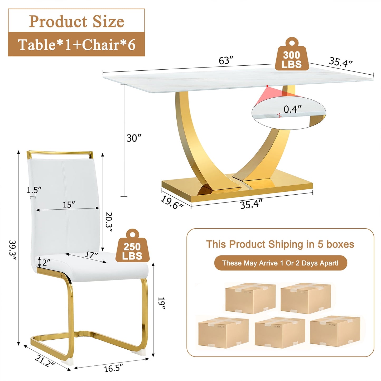 Dining Table Set for 6, Sudica Rectangular Faux Marble Kitchen Table with 4 Leather Gold Legs Dining Chairs,White