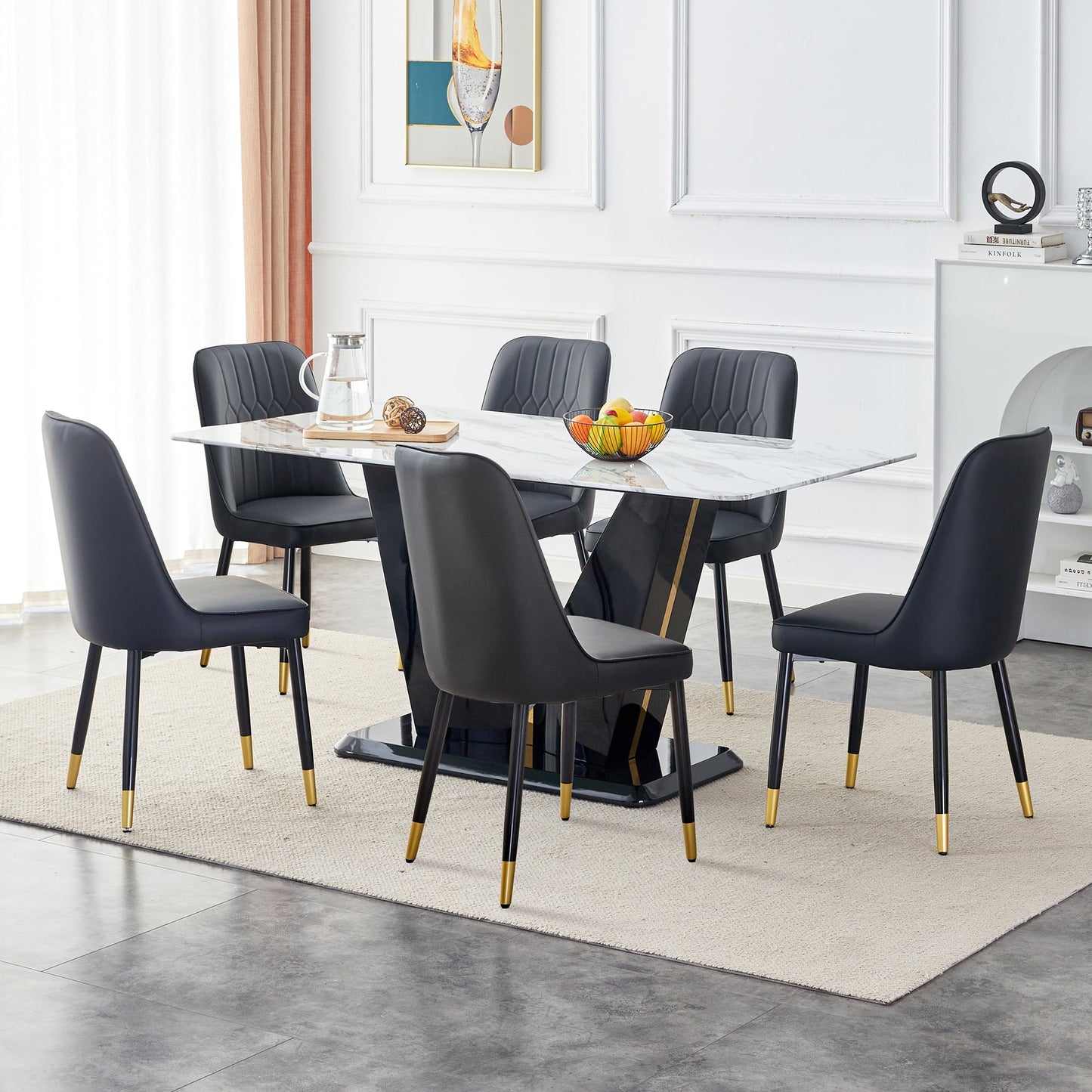 Sudica 63" Dining Table Set 7-Piece Marble Rectangular Kitchen Table & 6 Faux Leather Padded Dining Chair Set,Black