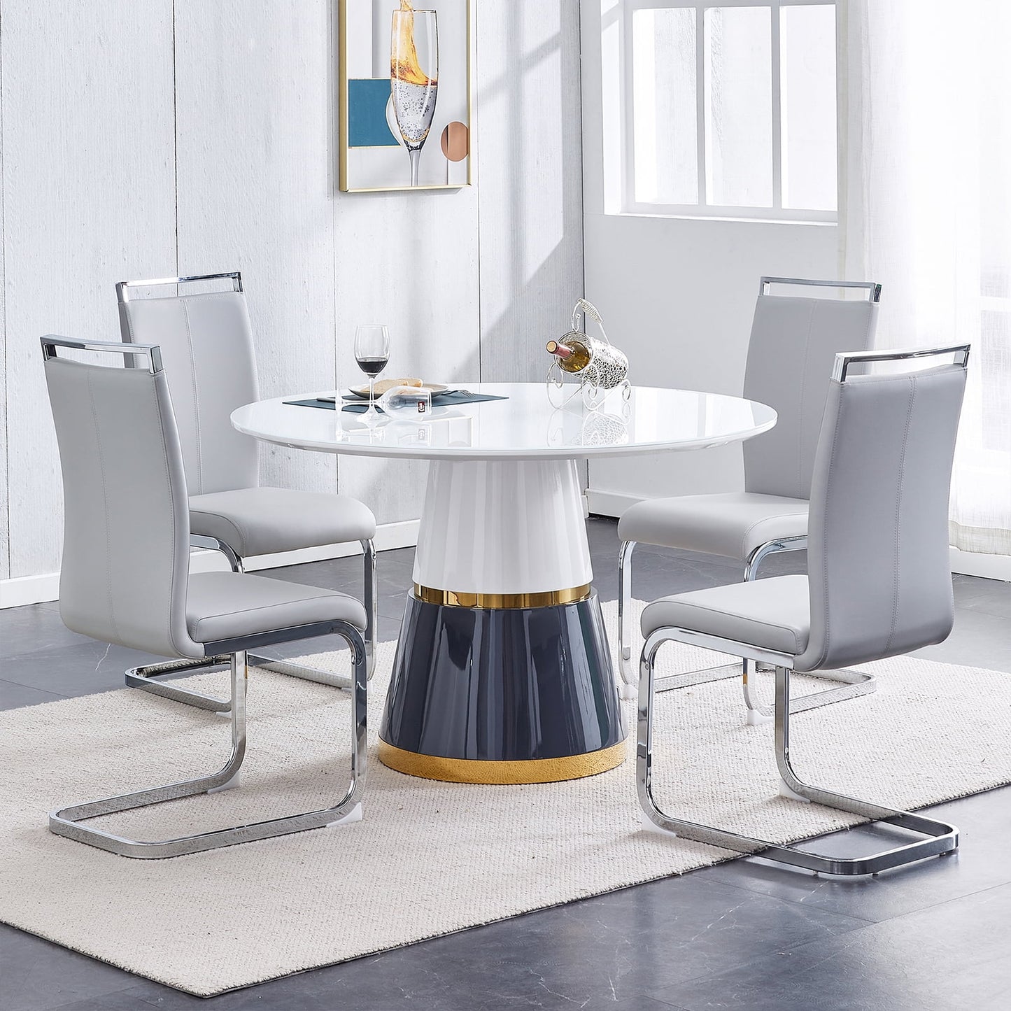 Sudica Dining Room Set 5 Piece Round Dining Set with 4 Leather Dining Room Chairs, Light Gray