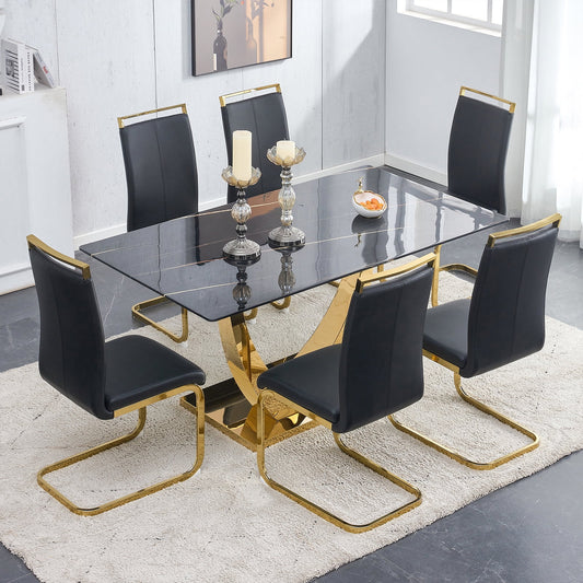 7-Piece Dining Table Set, Sudica Rectangular Faux Marble Kitchen Table with 6 Leather Gold Legs Dining Chairs, Black