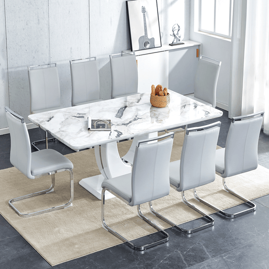 Sudica White Dining Table Set for 8, 71" Marble Kitchen Table with PU Leather Dining Room Chairs, Light Gray