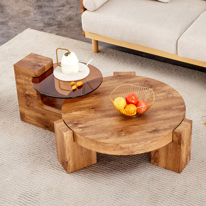 Sudica Detachable Double-decker Coffee Table，30 inch Round Tea Table with Wood Grain Base,Center Table for Living Room