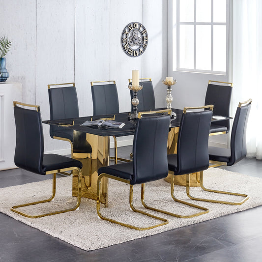 Sudica 9 Pcs Dining Table Set£¬71" Faux Marble Black Rectangular Dining Table and Upholstered PU Leather Dining Room Chairs for Kitchen,Black