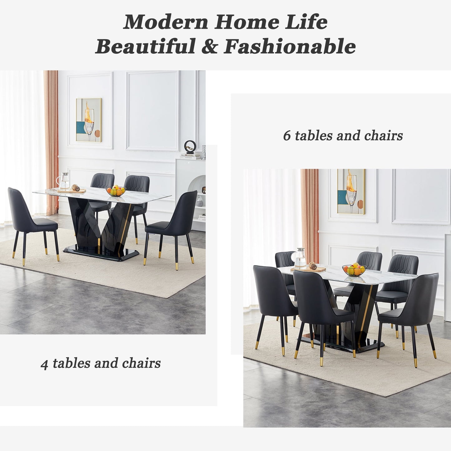 Sudica 63" Dining Table Set 5-Piece Marble Rectangular Kitchen Table & 4 Faux Leather Padded Dining Chair Set,Black