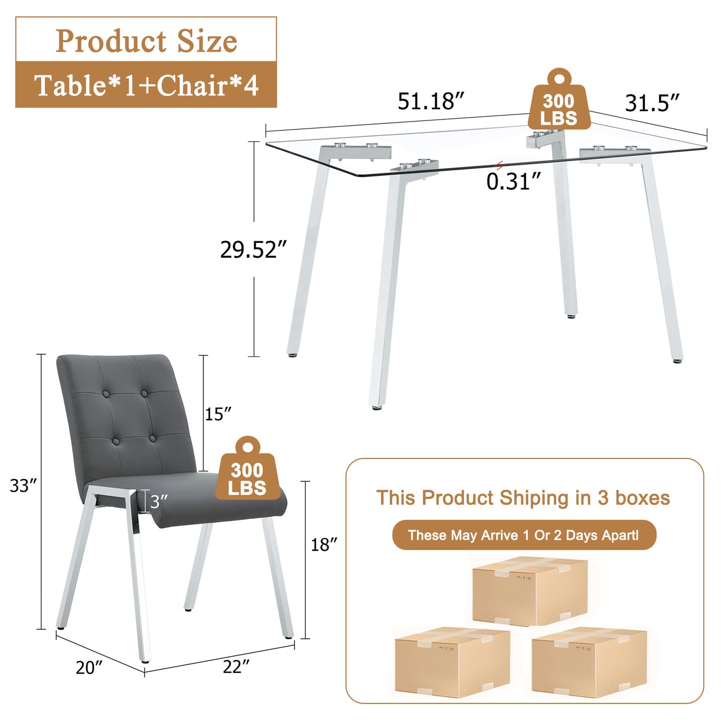 Glass Dining Table Set, Sudica Rectangular Kitchen Table with Upholstered Faux Leather Dining Room Chairs, Gray