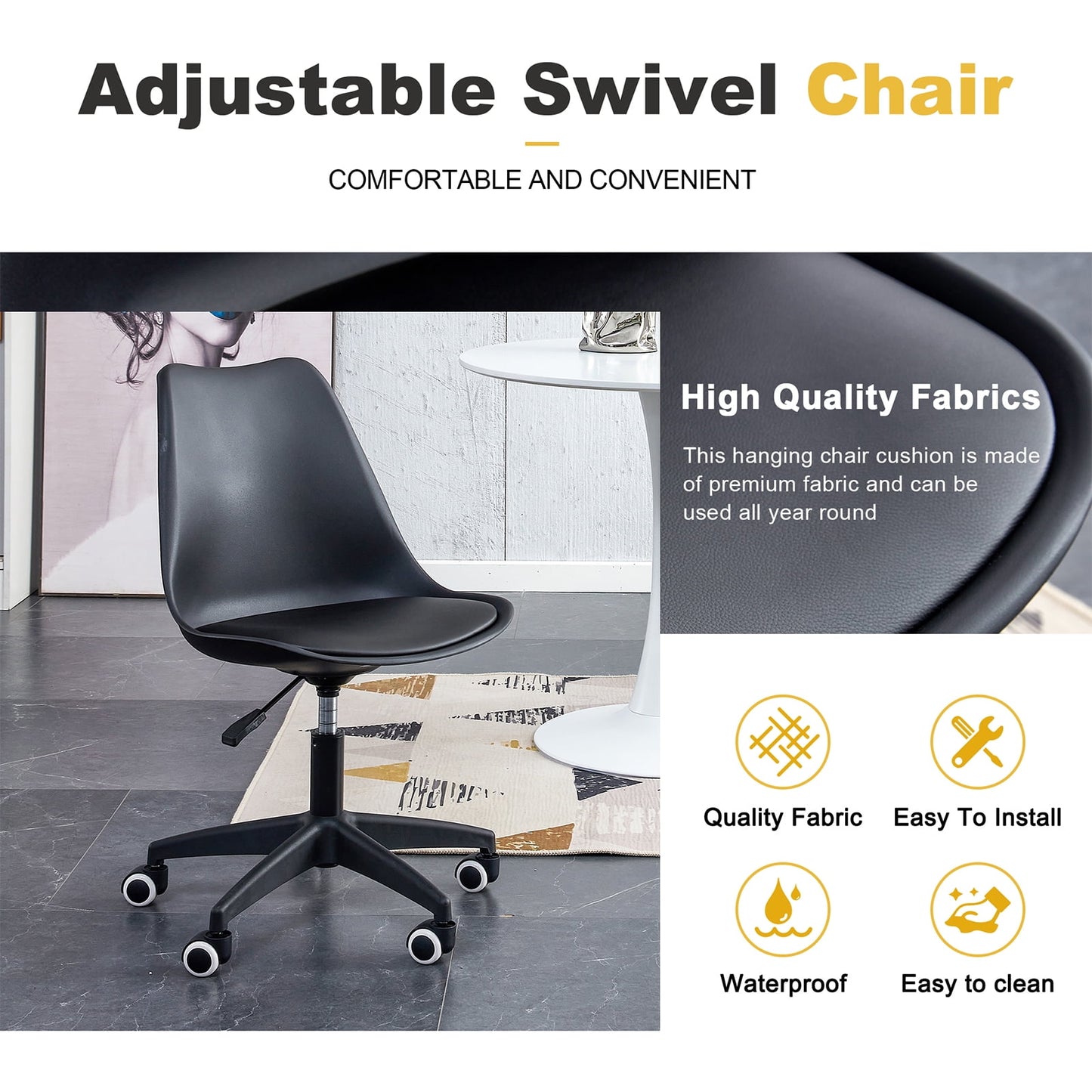 Sudica Black PVC Office Chair with Padded Seat Clear Rolling Desk Chair for Bedroom