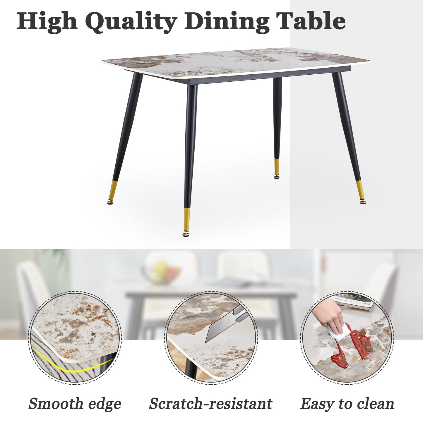 Sudica Dining Table 48" Rectangle Faux Marble Kitchen Dining Room Table with Metal Legs, Brown