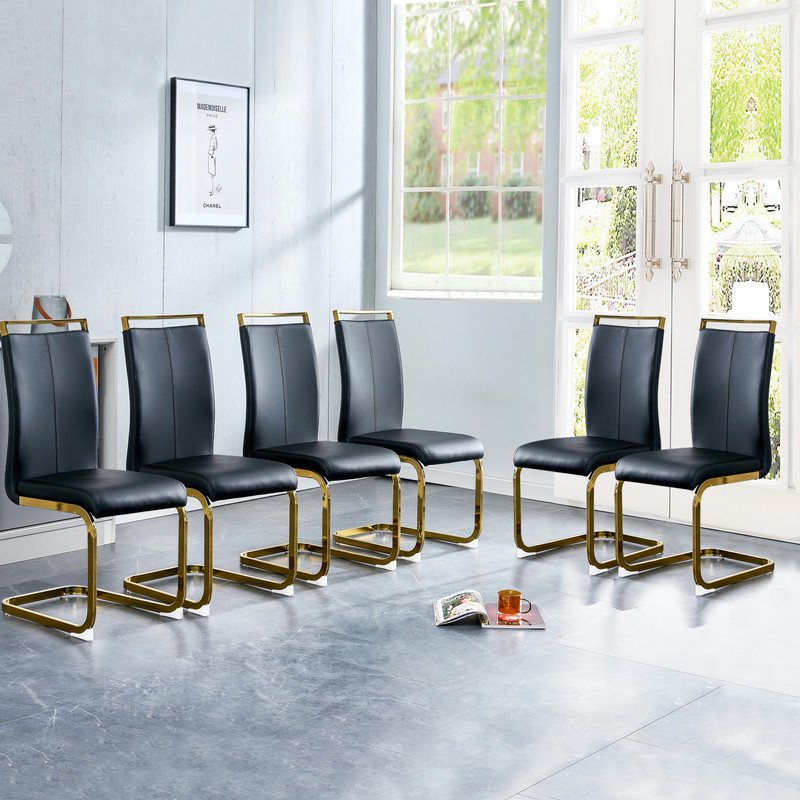 Modern Dining Chairs Set of 6 Sudica Faux Leather Dining Room Chairs with Golden Legs High Back Chair,Black