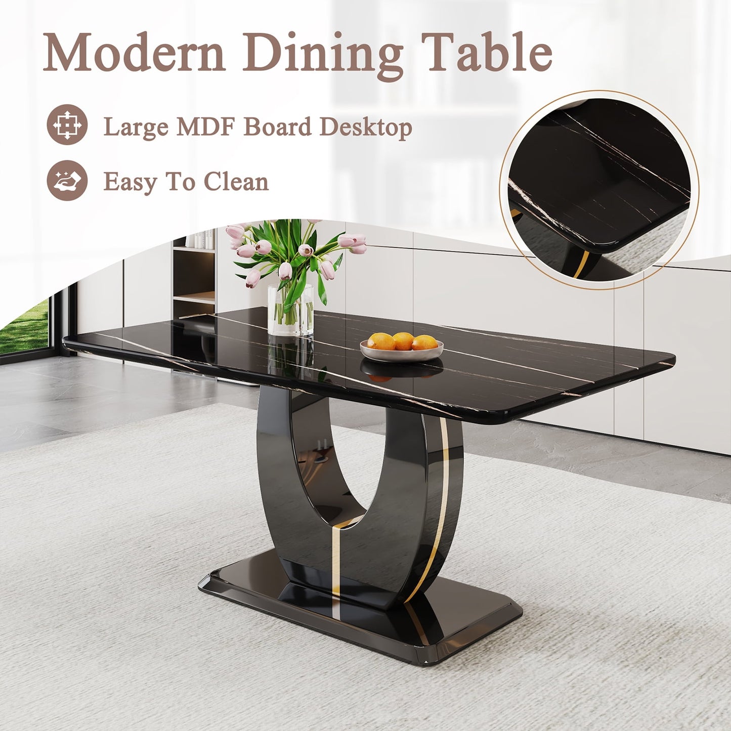 63" Marble Dining Table for 6 £¬Sudica Faux Marble Dining Room MDF Table with U-Shaped Bracket Support, Black