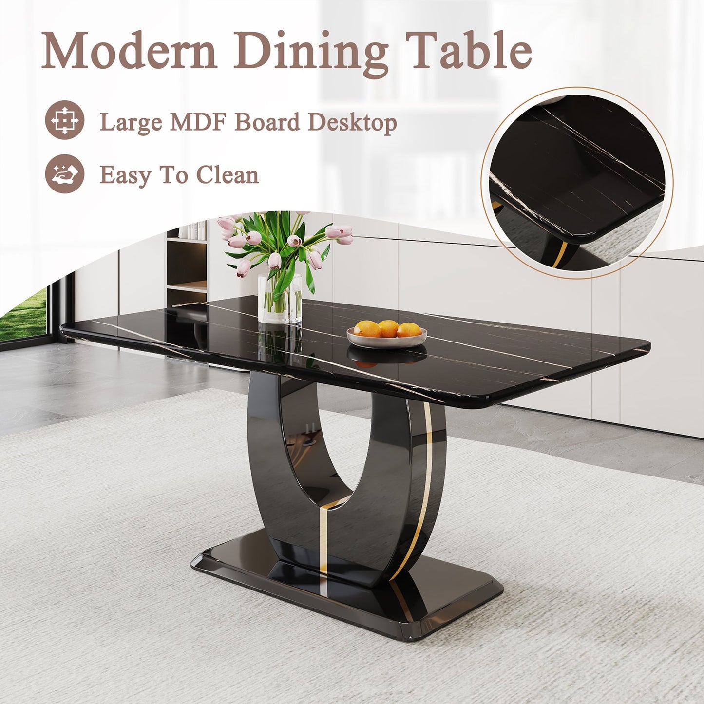 63 inch Faux Marble Dining Table for 6 ，Sudica Faux Marble Dining Room MDF Table with U-Shaped Bracket Support, Black