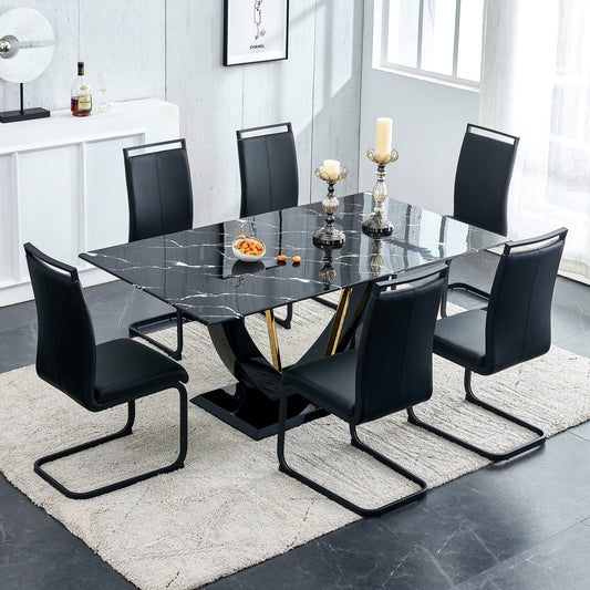 Sudica 71" Marble Dining Table Set for 6, Modern Rectangular Dining Table with PU Leather Upholstered Dining Room Chairs,Black