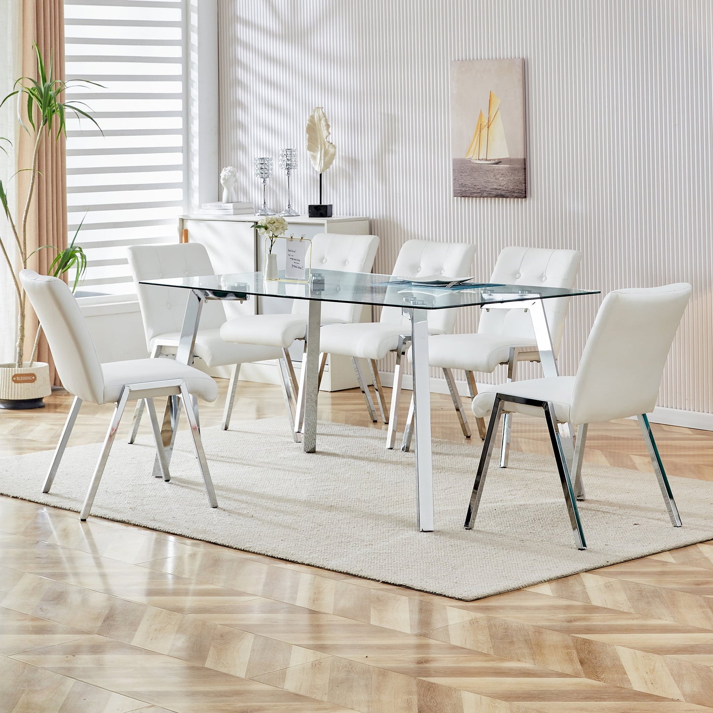 Sudica Dining Set for 6, Glass Rectangular Kitchen Table Set with Upholstered Faux Leather Dining Room Chairs,White