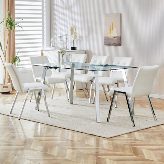 Sudica Dining Set for 6, Glass Rectangular Kitchen Table Set with Upholstered Faux Leather Dining Room Chairs,White