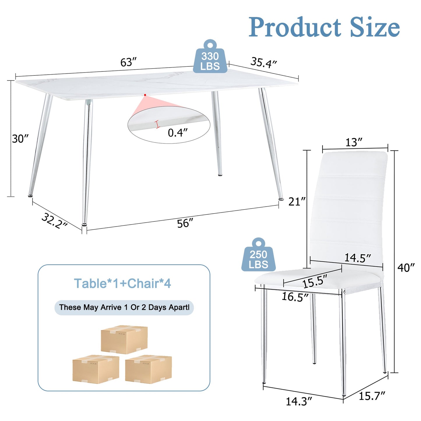 Sudica Compact Dining Table and Chair Set for 4, 63" Faux Marble Kitchen Table and PU Leather Chairs for Dining Room, White