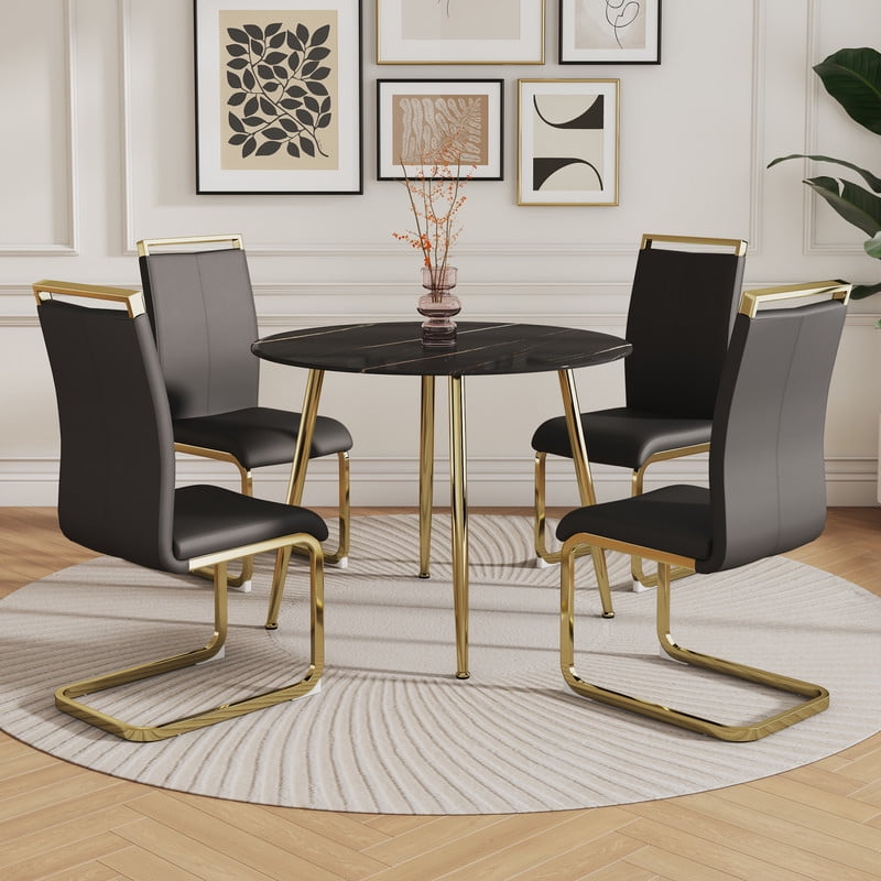 Black Marble Round Table Set for 4, 40 inch Black Dining Table with Gold Legs and Padded Dining Chairs for Meeting Room, Kitchen, Black