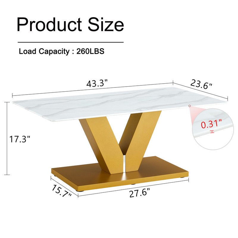 Sudica Modern Coffee Table with Tempered Glass Tabletop, 43 inch Tea Table with Golden V Shape Base for Living Room