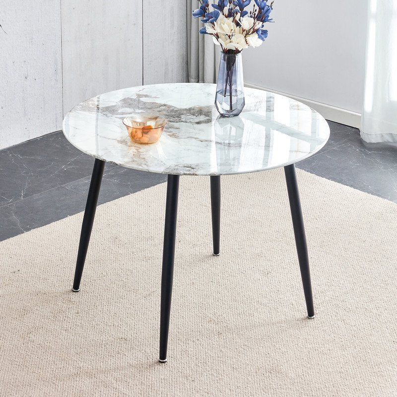 40 Inch Round Marble Dining Table for 4, Sudica Modern White Marble Table with Black Legs Compact Kitchen Table for Living Room