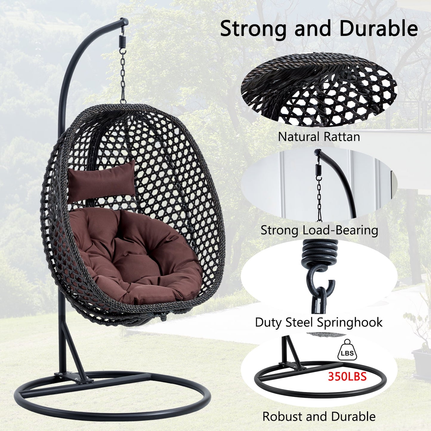 Sudica Hanging Egg Chair with Stand Patio Soft Cushion Rattan Wicker Egg Swing Chair for Bedroom, Garden 350lbs Capacity, Black