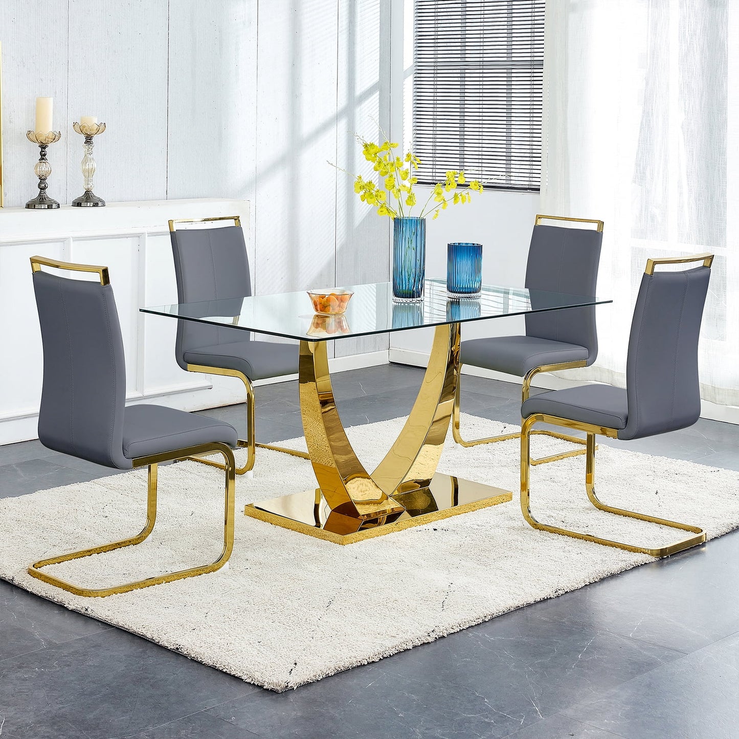 Glass Dining Table Set for 4, Sudica 63"Rectangular Dining Room Table and Leather Dining Chairs Set with Chrome Gold Legs, Gray