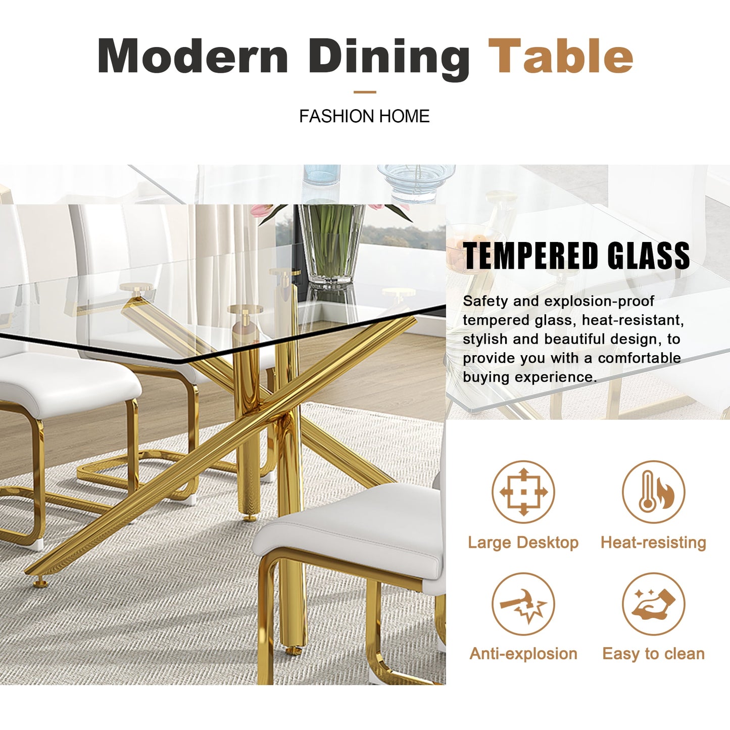 Sudica Glass Dining Table Set for 6, 71" Large Rectangular Kitchen Glass Dinner Table with Upholstered Golden Legs Dining Room Chairs, Black