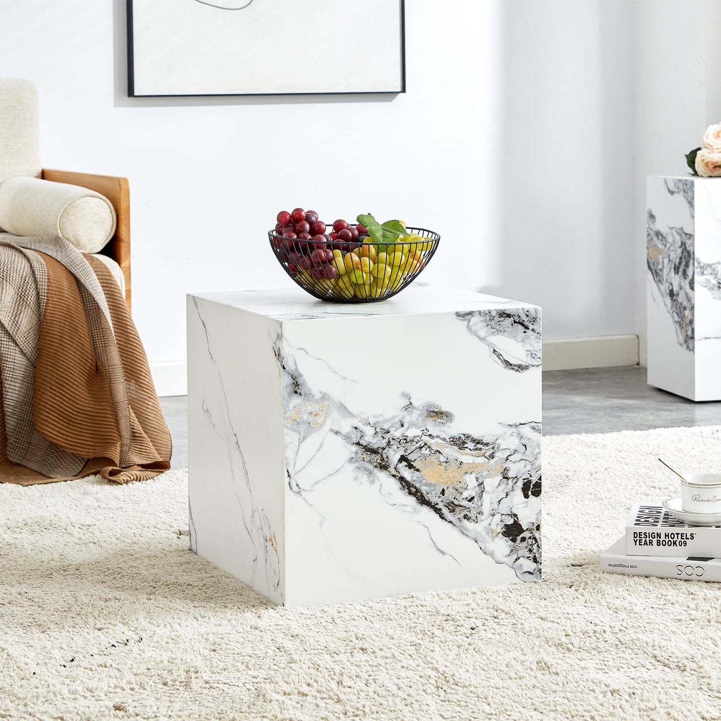 Sudica White Marble End Table Cube Side Coffee Table for Living Room, Bedroom