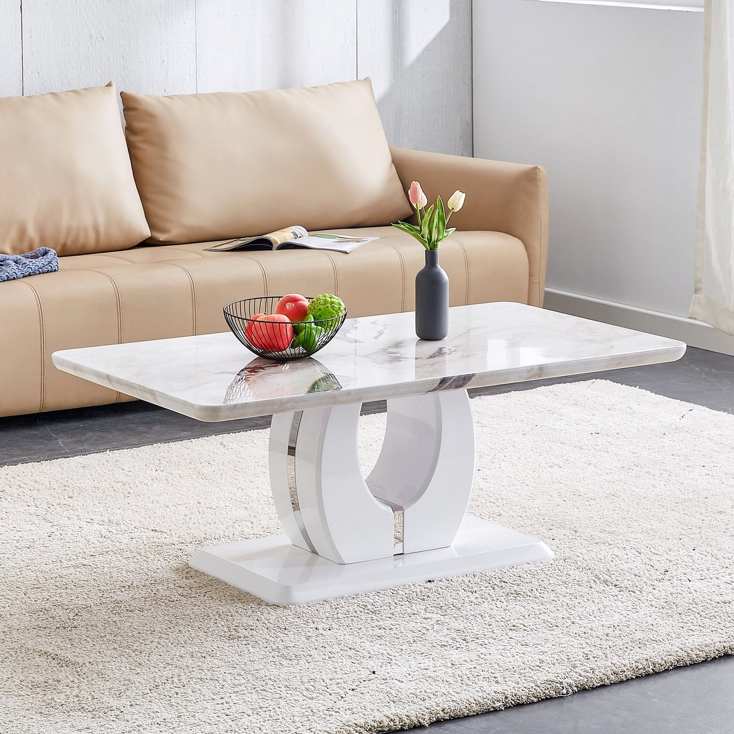 Marble Coffee Table Sudica Modern Rectangular Center Table with U-Shape Base for Living Room, White