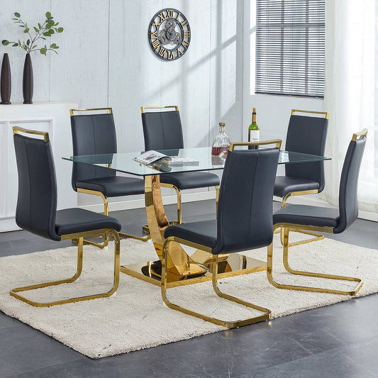 Glass Dining Table Set for 6, Sudica 63"Rectangular Dining Room Table and Leather Dining Chairs Set with Chrome Gold Legs, Black