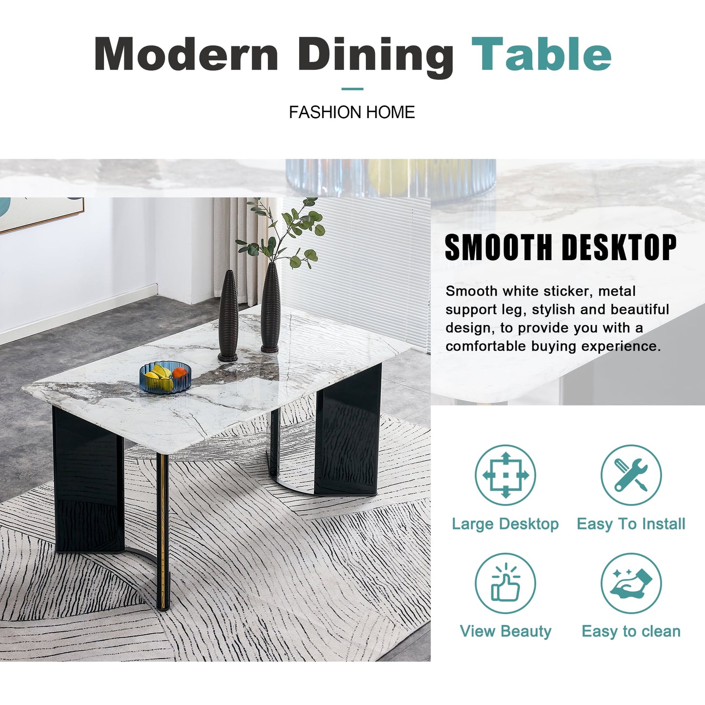 Sudica Modern Dining Table, 63" Large Faux Marble Dining Room Table with Black Base Rectangular Table for Kitchen