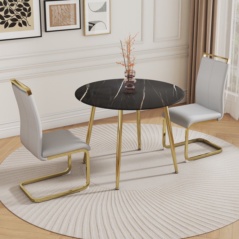 Black Marble Round Table Set for 2, 40 inch Black Dining Table with Gold Legs and Padded Dining Chairs for Meeting Room, Kitchen, Light Grey