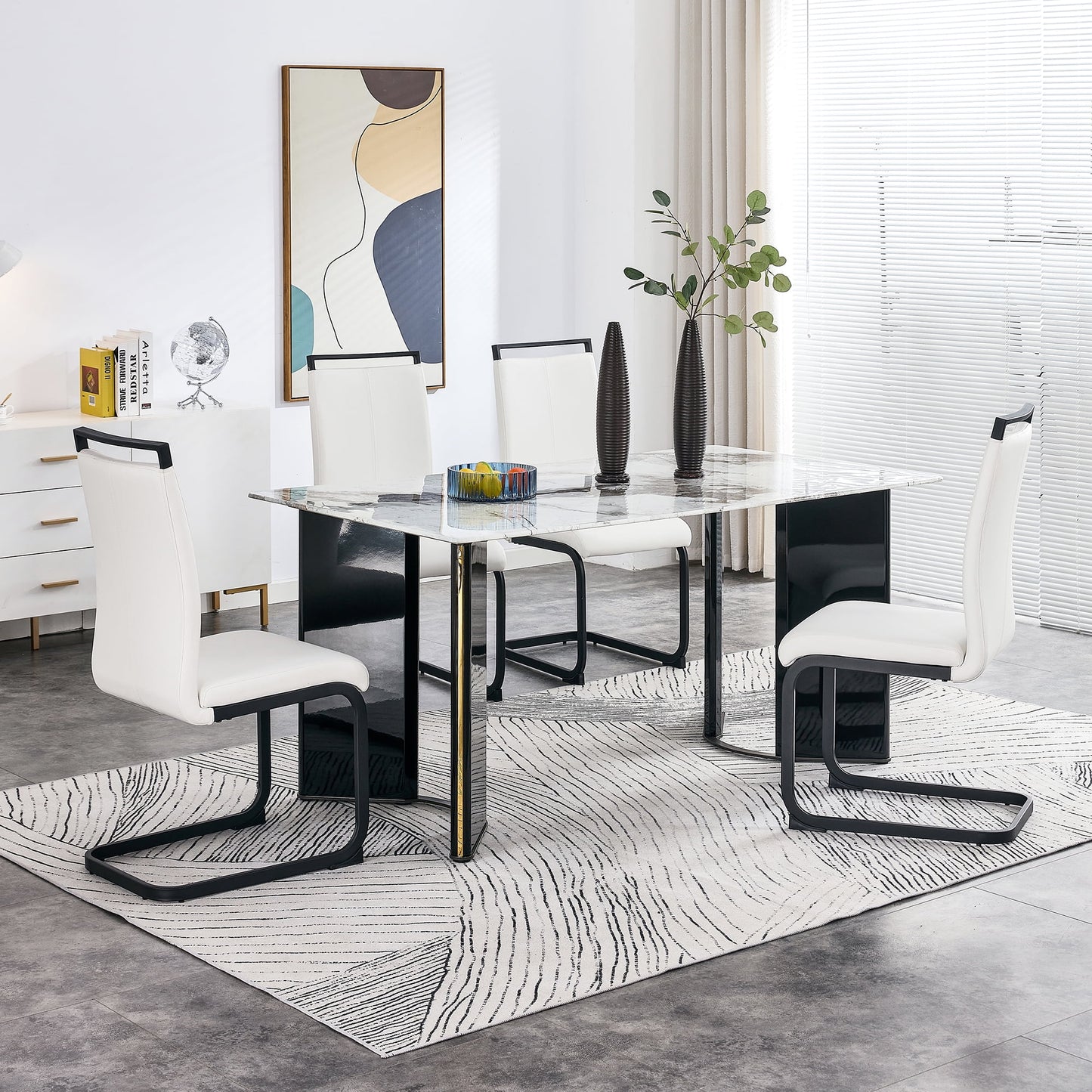 Sudica Dining Set for 4, Rectangular Marble Kitchen Table with Uphlostered White Dining Room Chairs, Black Legs