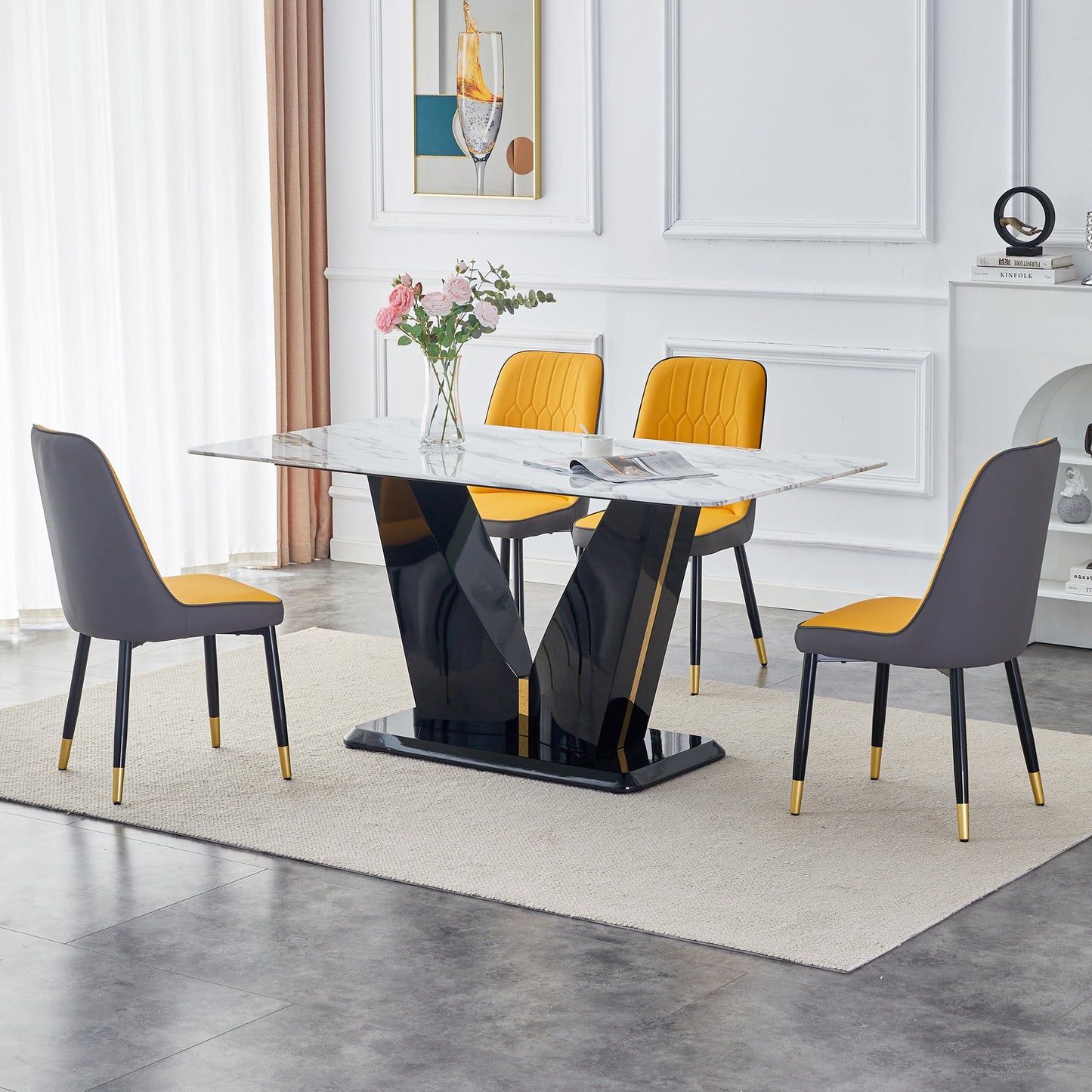 Sudica 63" Dining Table Set 5-Piece Marble Rectangular Kitchen Table & 4 Faux Leather Padded Dining Chair Set,Yellow