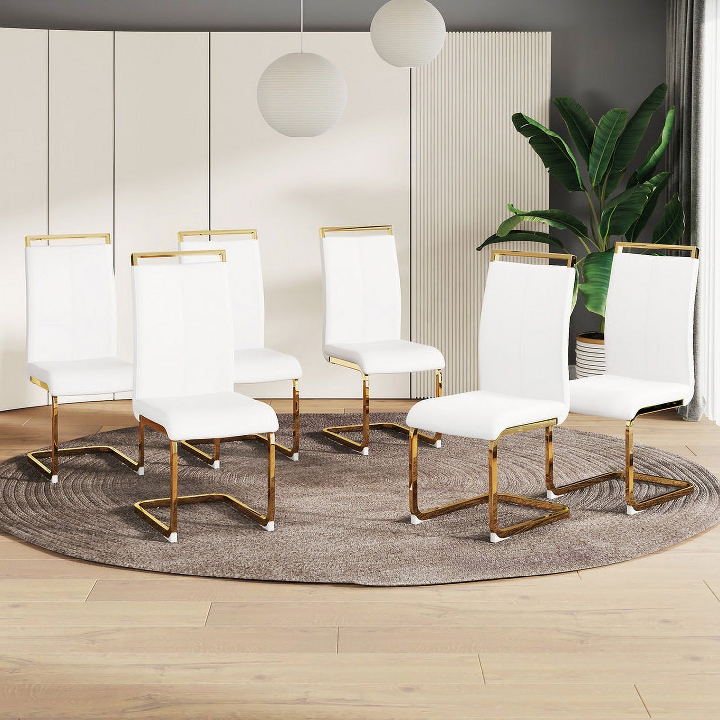 Modern Dining Chairs Set of 6 Sudica Faux Leather Dining Room Chairs with Golden Legs High Back Chair,White