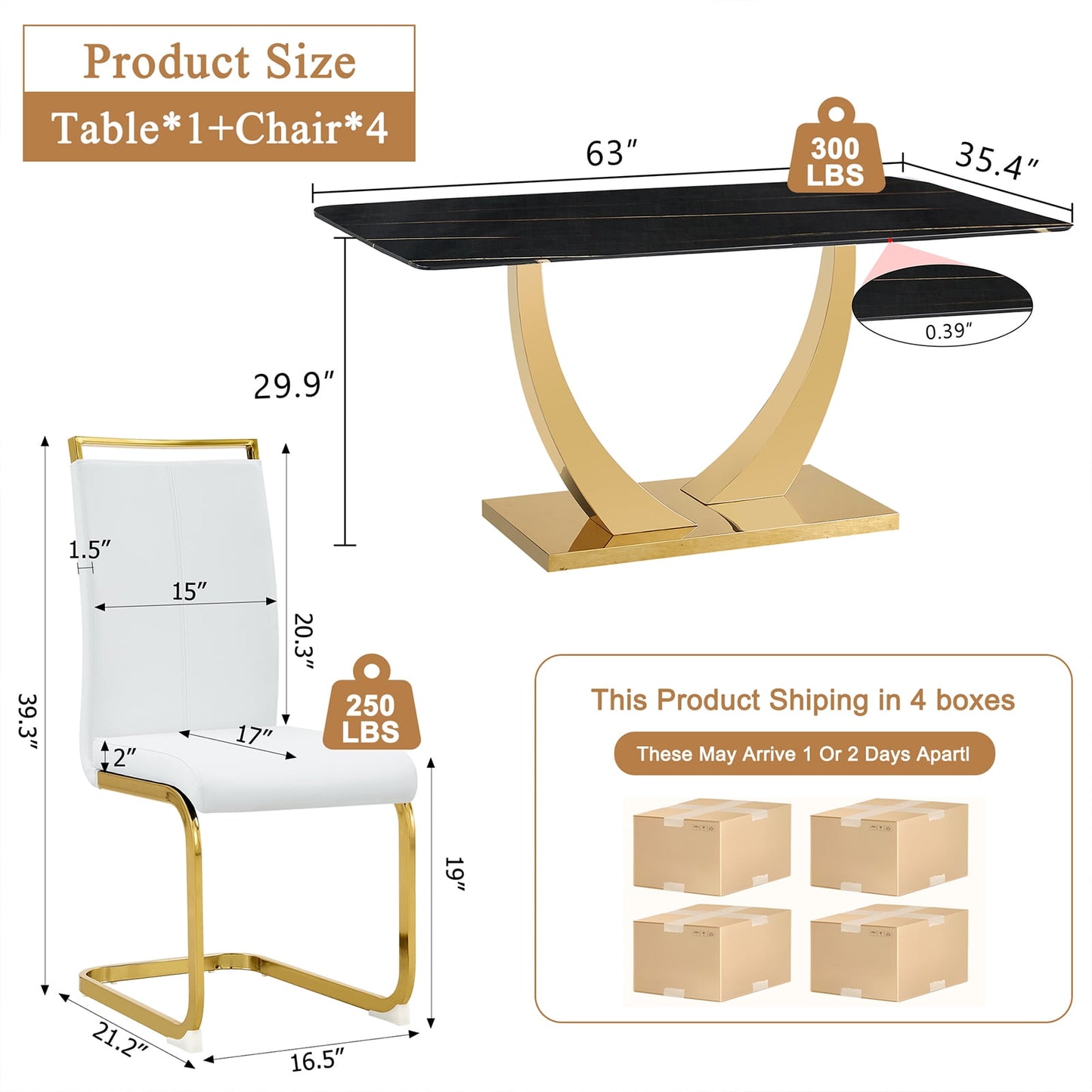 5-Piece Dining Table Set, Sudica Rectangular Faux Marble Kitchen Table with 4 Leather Gold Legs Dining Chairs, White