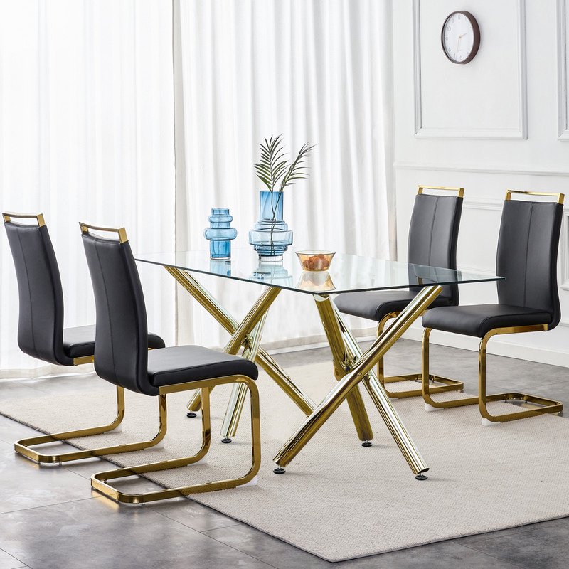 Modern Dining Chairs Set of 4 Sudica Faux Leather Dining Room Chairs with Golden Legs High Back Chair,Black