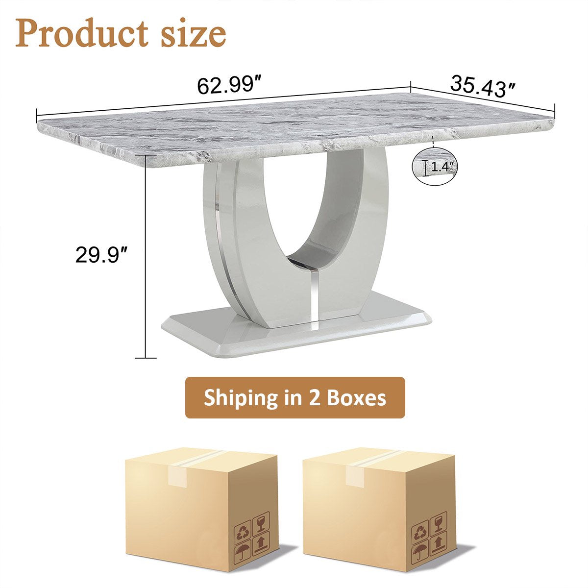 63 inch Faux Marble Dining Table for 6 ，Sudica Faux Marble Dining Room MDF Table with U-Shaped Bracket Support, Gray