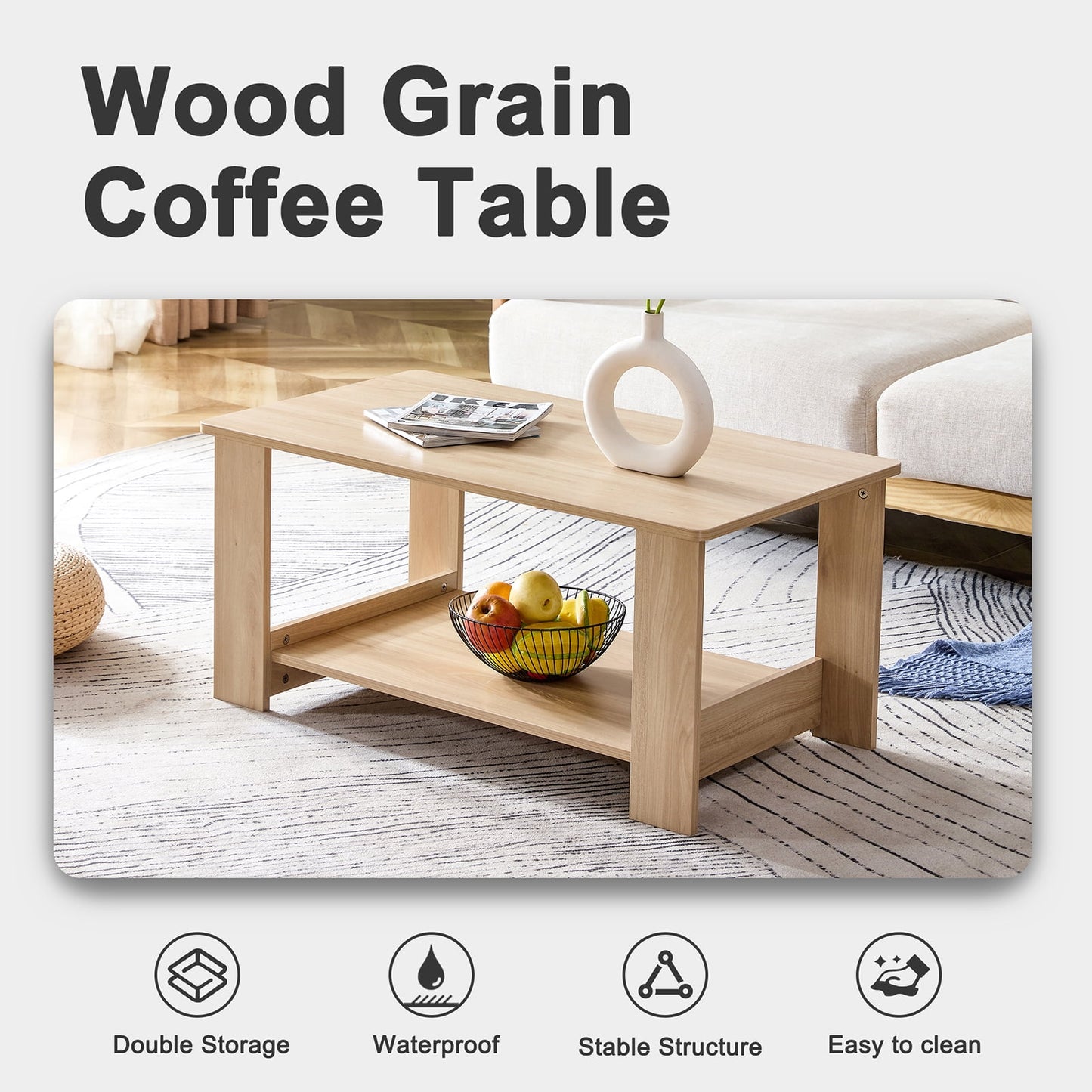 Sudica 35.4" Coffee Table with Storage Shelf Rectangular Rustic Wood Cocktail Table for Living Room,Wood