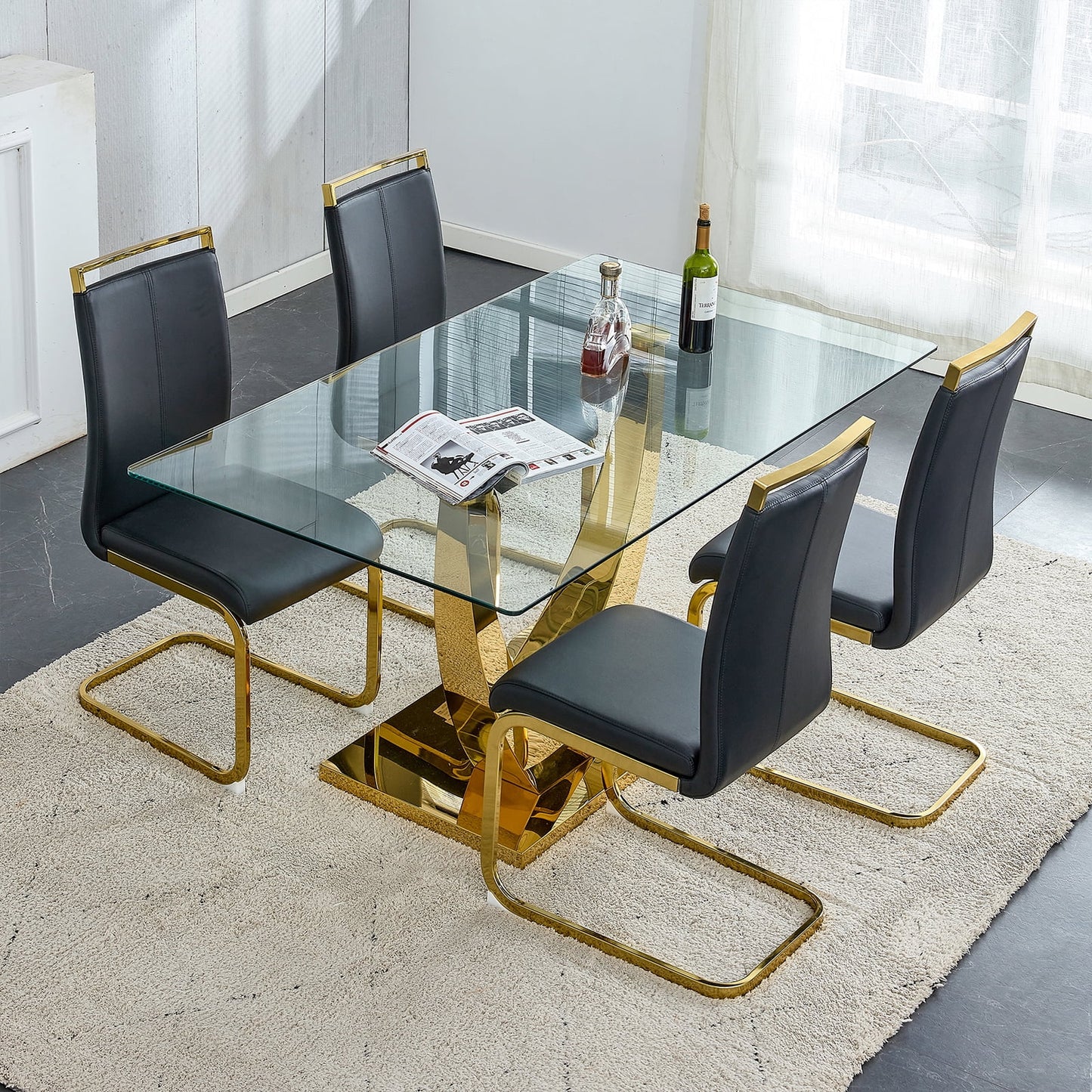 Glass Dining Table Set for 4, Sudica 63"Rectangular Dining Room Table and Leather Dining Chairs Set with Chrome Gold Legs, Black