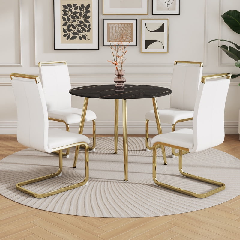 Black Marble Round Table Set for 4, 40 inch Black Dining Table with Gold Legs and Padded Dining Chairs for Meeting Room, Kitchen, White