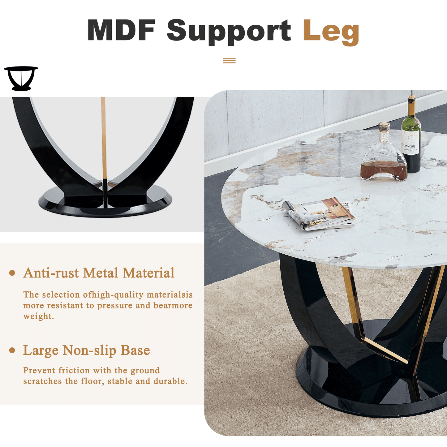 Sudica Round Dining Set for 4, 48" Round Marble Dining Table with PU Leather Dining Chairs, Gold Legs, Black