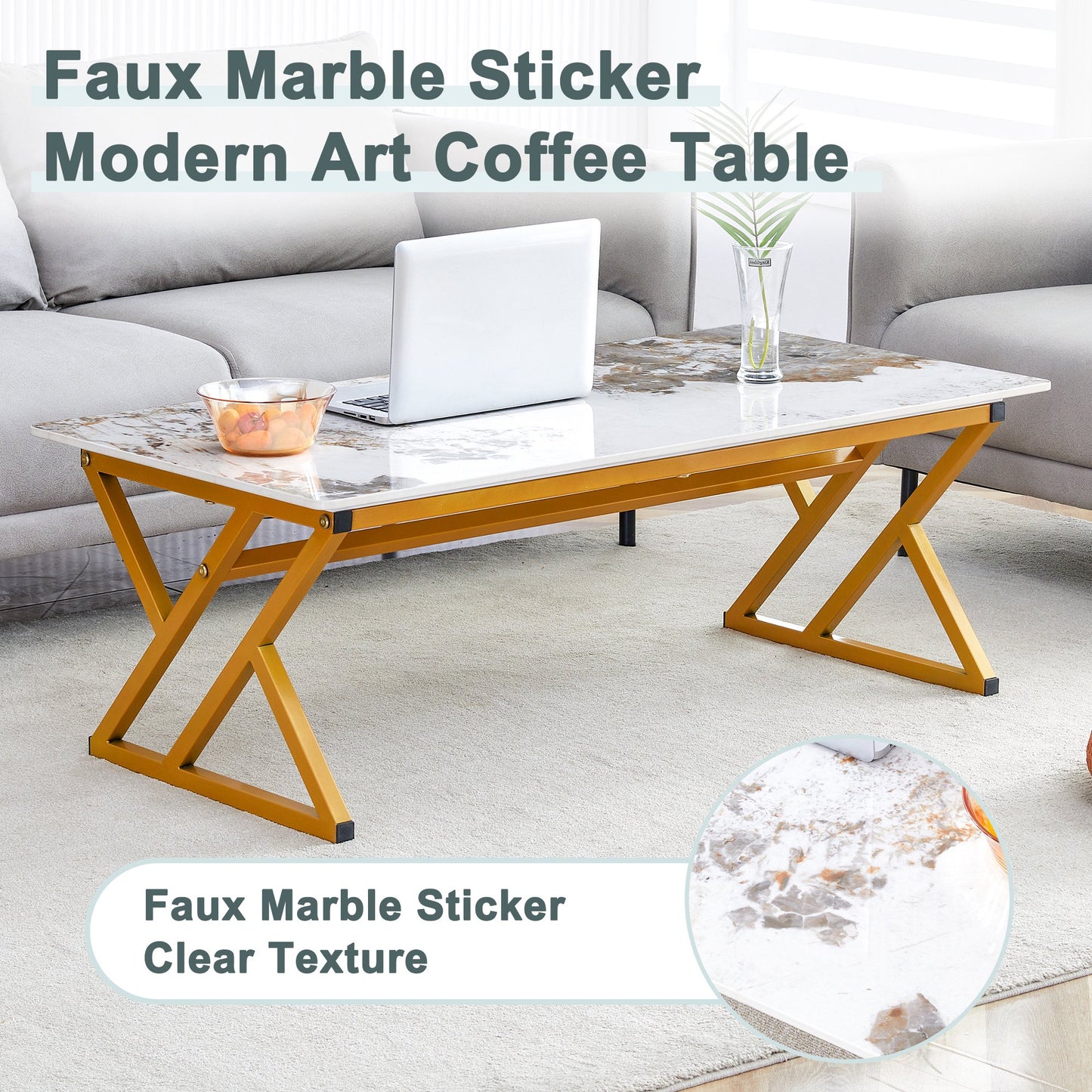 Sudica Multicolor Faux Marble Coffee Table with golden Legs, 47 inch Modern Rectangular Center Table for Living Room