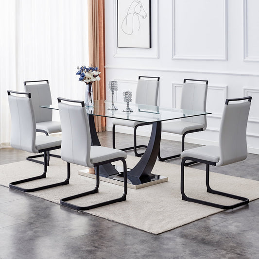 7-Piece 67"Glass Dining Table Set, Sudica Modern Table & Chair Set with 6 PU Leather Padded Dining Chairs, Light Gray