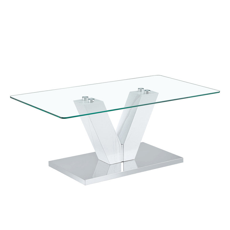 Sudica Modern Coffee Table with Tempered Glass Tabletop, 43 inch Tea Table with White V Shape Base for Living Room