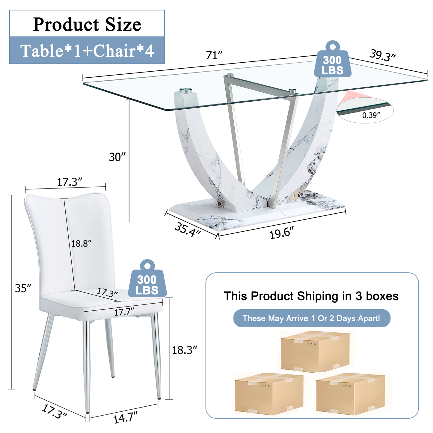 Sudica 71"Glass Dining Table with Chairs for 4, Rectangular Glass Table with Upholstered Dining Room Chairs, White