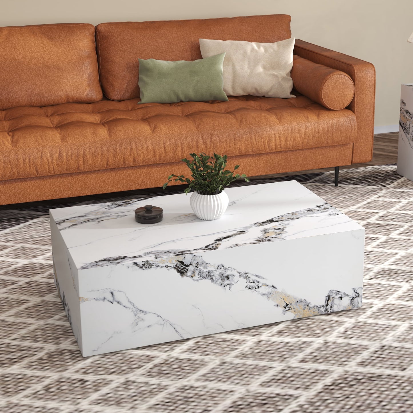 Sudica Coffee Table Set of 3, Modern Marble Cube End Table 3-Piece with Faux Marble Top Center Table for Living Room