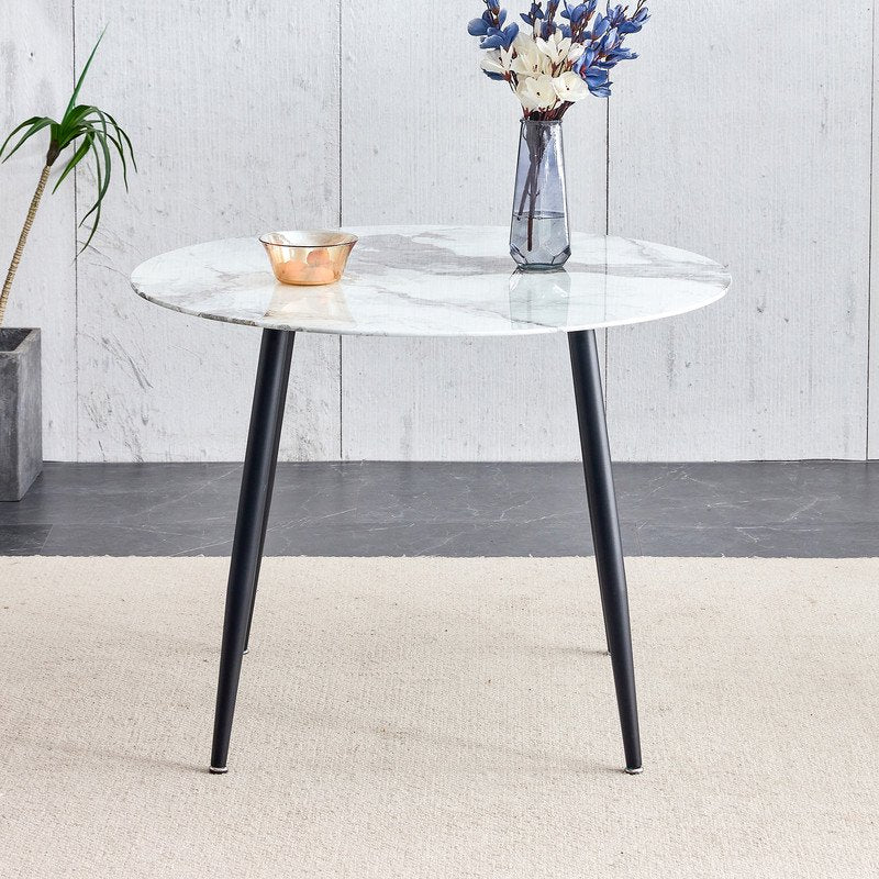 40 Inch Round Marble Dining Table for 4, Sudica Modern White Marble Table with Black Legs Compact Kitchen Table for Living Room