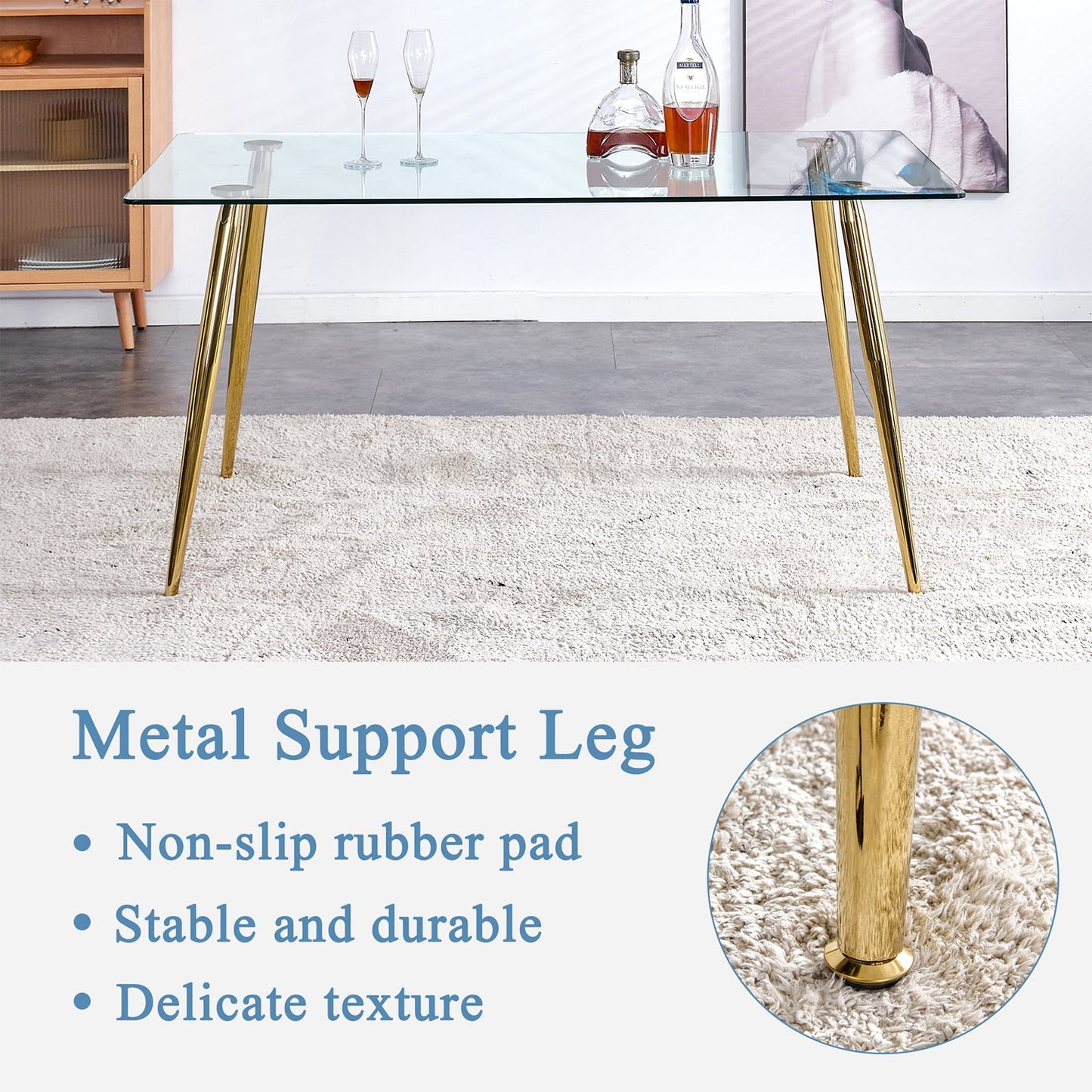 Tempered Glass Dining Table for 4, Sudica 51" Modern Rectangular Glass Kitchen Table with 4 Golden Plating Metal Legs