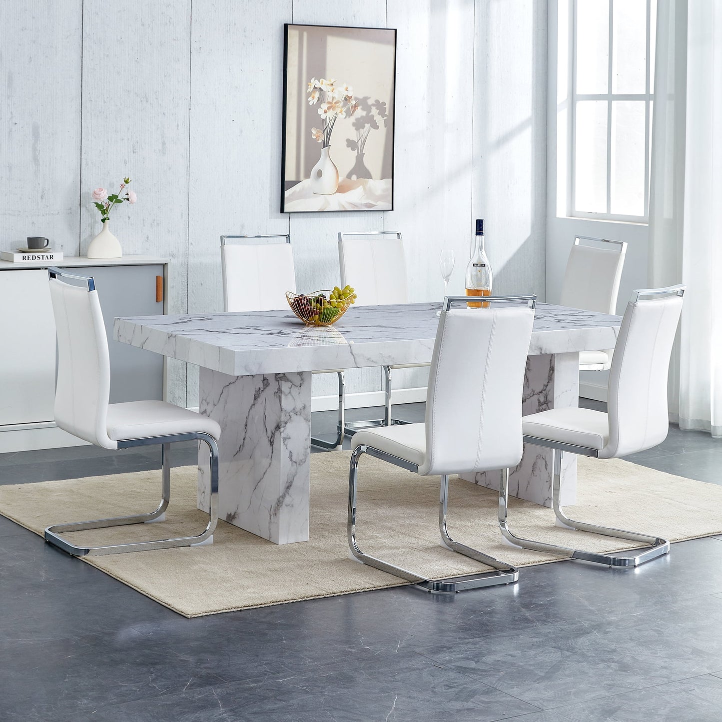 Sudica Dining Table and Chairs Set, 78" Faux Marble Dining Table with Leather Kitchen Chairs for Dining Room,White