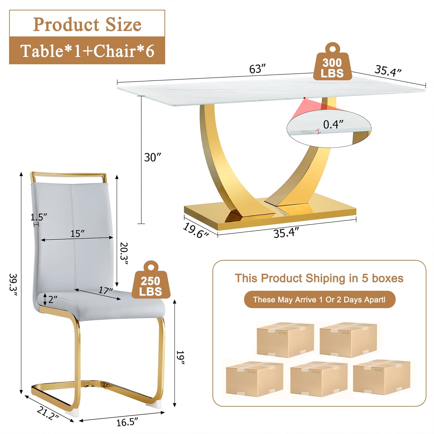 Dining Table Set for 6, Sudica Rectangular Faux Marble Kitchen Table with 4 Leather Gold Legs Dining Chairs,Light Gray