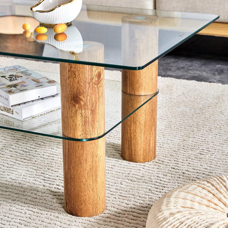 Modern Minimalist Double Layered Transparent Tempered Glass Coffee Table,47 inch Sudica Rectangular Tea Table with wooden Legs