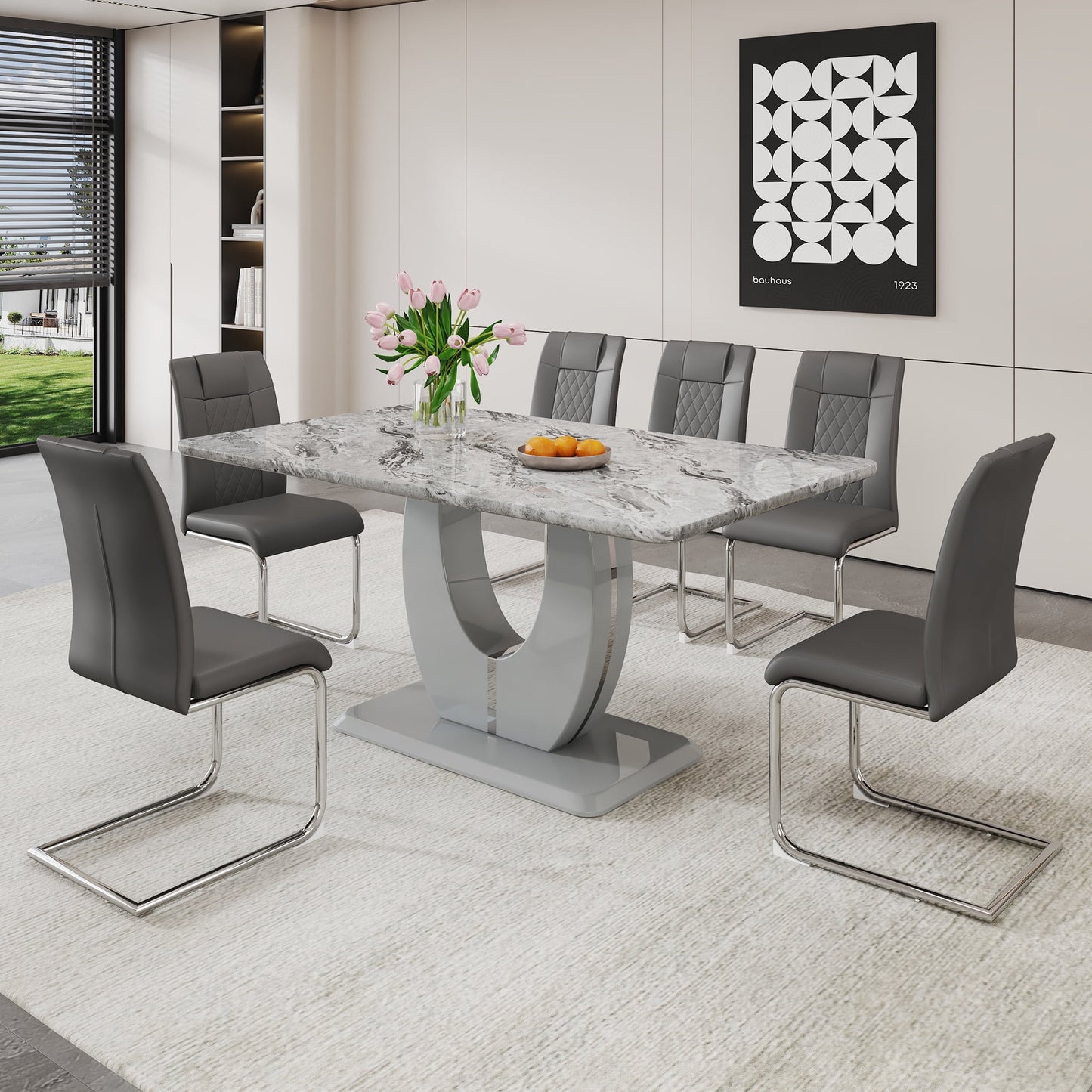 Sudica Dining Table Set with 6 Leather Dining Room Chairs, 63" Large Rectangular Marble Dining Table and Chairs Set,Gray